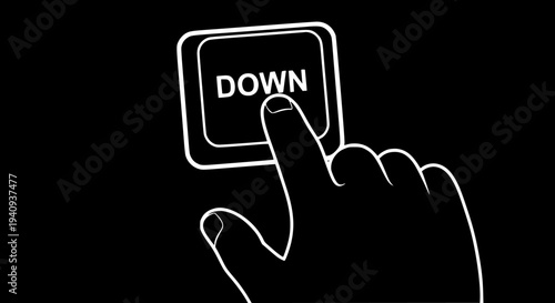 Hand pressing a 'DOWN' button in a clear graphic vector illustration, symbolizing direction, selection, choice, or movement. 