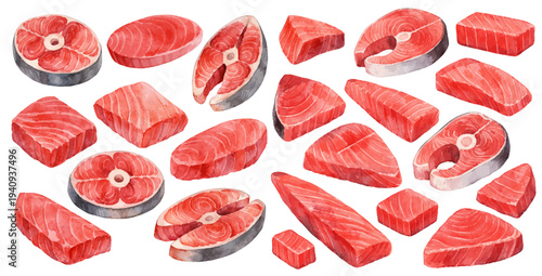 A vibrant watercolor collection of fresh tuna cuts, featuring assorted raw fish steaks and fillets arranged as a detailed seafood illustration set.