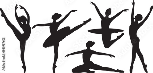 Five black silhouettes of ballet dancers in various poses white background