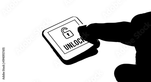 Finger presses 'UNLOCK' button with an open padlock icon on a clean white background. This monochrome image powerfully symbolizes secure access, digital freedom, data release, password entry.