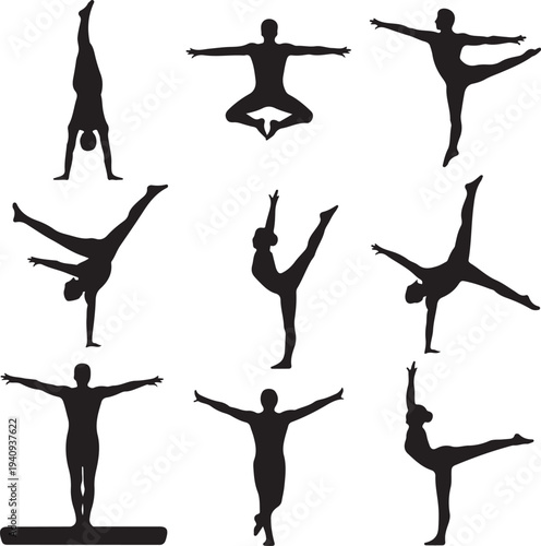 Black silhouettes of people performing various dance and gymnastics poses