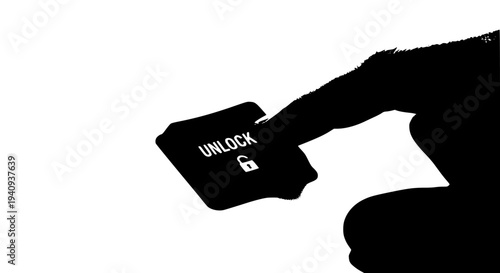 Finger pressing the 'UNLOCK' key on a black keyboard button, symbolizing digital access, security solutions, and opening new opportunities. This conceptual image represents freedom, data authorization