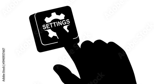 Silhouetted hands interact with a digital settings icon featuring a gear mechanism, signifying configuration and system adjustment management on a clean white background interface.