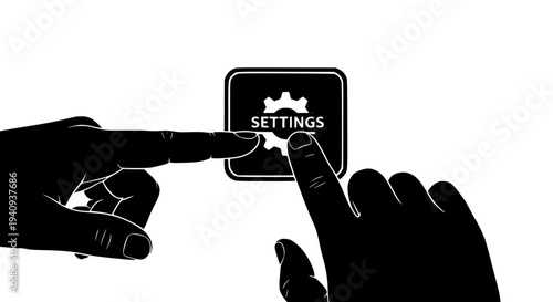 Silhouette of a hand finger pushing a black square button labeled settings with a white gear icon demonstrating digital interface interaction for customization and system adjustment processes.