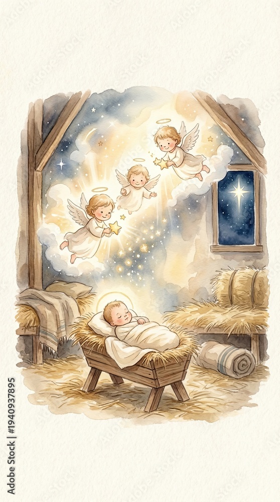 Obraz premium Baby Jesus with soft angel light watercolor nursery illustration
