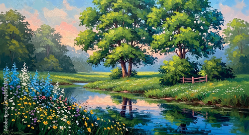 Serene Countryside River Landscape Painting Background