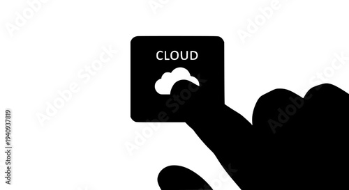 Conceptual minimalist graphic showing a human hand silhouette tapping a dark screen icon labeled "CLOUD" featuring a white stylized cloud symbol for data storage access or synchronization.