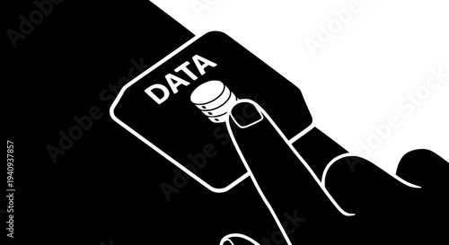 Conceptual black and white graphic illustration depicting a finger pressing a button labeled with the word data and a stack of coins symbolizing digital financial transaction or information access .