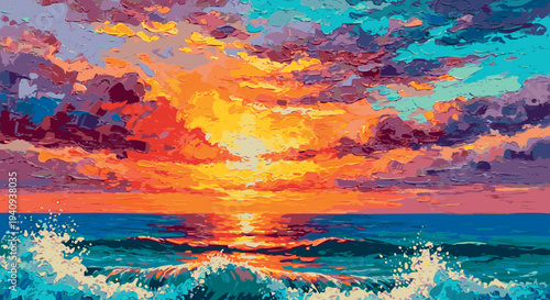 Vibrant Ocean Sunset Waves Reflection Painting Background
