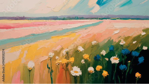 Impressionist Riverside Wildflower Meadow Landscape Painting Background