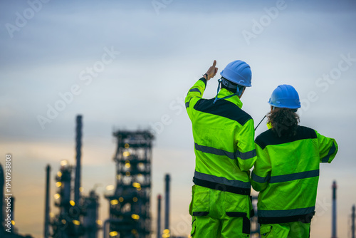 Rear view of engineers in safety uniform showing thumbs up at industrial plant at twilight, Technical team discussing infrastructure project with oil refinery background at sunset