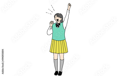 ガッツポーズで応援する女子高生のイラスト　成功とモチベーション　手書きベクター素材