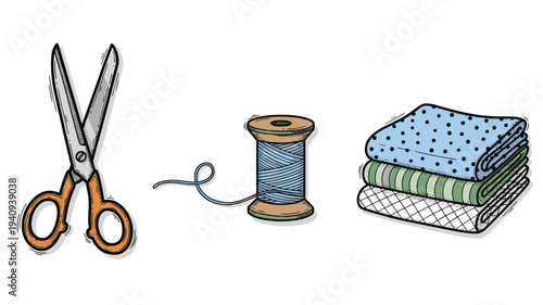 Sewing Tools Illustration with Scissors Needle Thread Fabric and Tailoring Equipment