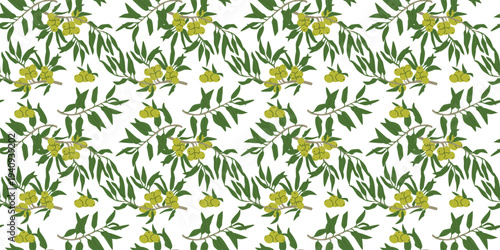 Seamless green olive texture isolated on white. Green fruit pattern design can used for summer textile, fabric, organic food wrapping paper.