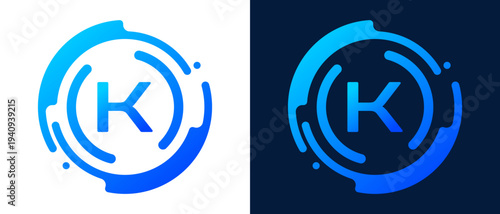 Modern letter “K” logo with circular abstract lines and blue gradient style, representing digital technology, innovation, connectivity, and professional tech branding.