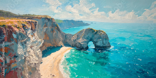 Turquoise Sea with Coastal Cliff and Natural Rock Arch Oil Painting