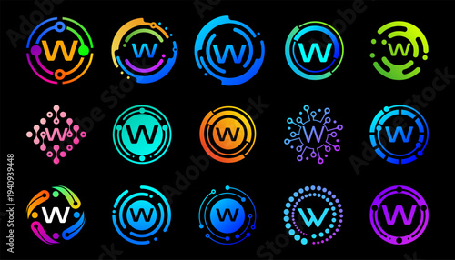 Collection of colorful letter W technology logos with circular, network, and digital elements. Modern abstract symbols for AI, innovation, startups, apps, and futuristic tech branding.