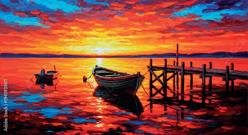 Vibrant Sunset Over Lake with Boats and Wooden Pier Oil Painting