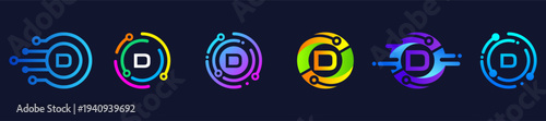 Contemporary letter D logo with vibrant gradient colors and digital circuit aesthetics