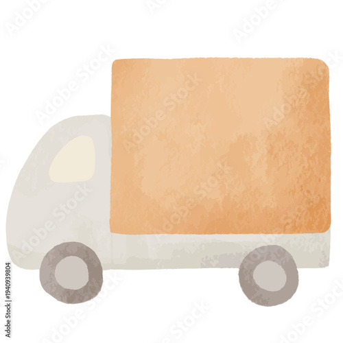 水彩風で描いたかわいい箱トラックイラスト｜配送・物流・運送・宅配・輸送・働く車・配送サービス・ベクター
