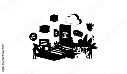 Digital mobile service banner with smartphone apps cloud messaging banking and navigation flat vector design