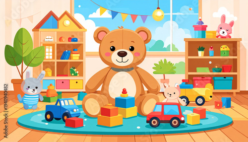 Cute Teddy Bear in Kids Playroom with Toys Cartoon Nursery Room Illustration