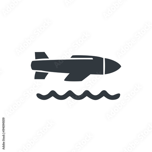 Vector silhouette icon of torpedo missile used in naval warfare. Suitable for military, defense and maritime security design concepts.