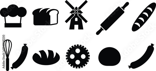 Bakery and bread making icon set with chef hat, rolling pin, whisk, sausage, windmill and bread silhouettes, bakery tools collection vector illustration