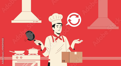 Confused chef holding frying pan, receiving package, kitchen background, recycling symbol