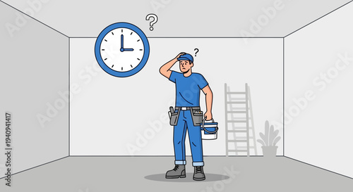 Confused handyman looking at clock, renovation deadline, time management concept