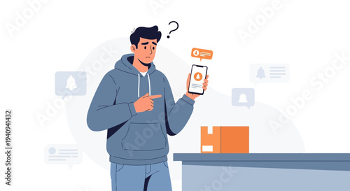 Confused Man with Smartphone and Delivery Package, Question Mark, Notifications