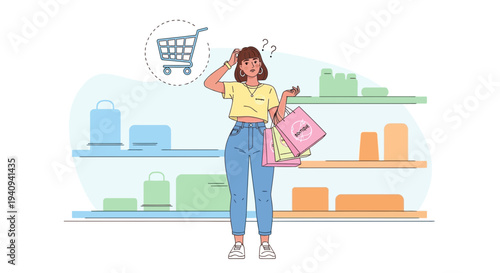 Confused shopper with shopping bags in a store aisle, overwhelmed by choices