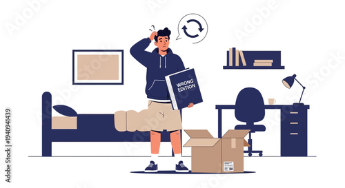 Confused student holding textbook, moving into dorm room, unpacking