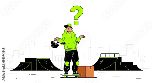 Confused Skater Boy with Question Mark Over Skatepark Ramps and Cityscape Background