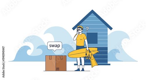 Confused surfer with surfboard and package near beach hut and waves, swap concept