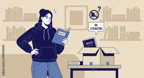 Confused student with math books, no literature allowed, studying concept