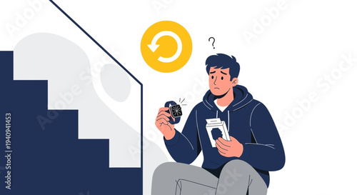 Confused young man looking at smartwatch, holding coffee cup, near stairs, refresh icon