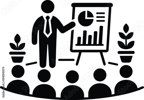 Business presentation training seminar with speaker explaining financial analytics chart to audience, corporate meeting workshop coaching concept, teamwork learni