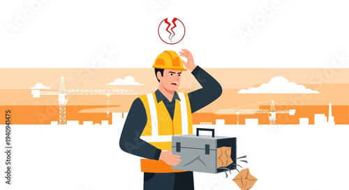 Construction worker frustrated with broken toolbox and tools falling out at site
