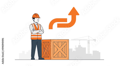 Construction worker with cargo boxes and upward arrow icon symbolizing growth and logistics