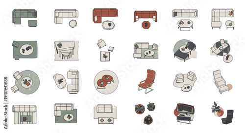 diverse collection of modern home furniture arrangements top view for architectural planning and interior design concepts.
