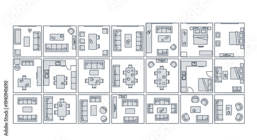 grid of diverse floor plans illustrating various interior design layouts and furniture arrangements for residential room planning.