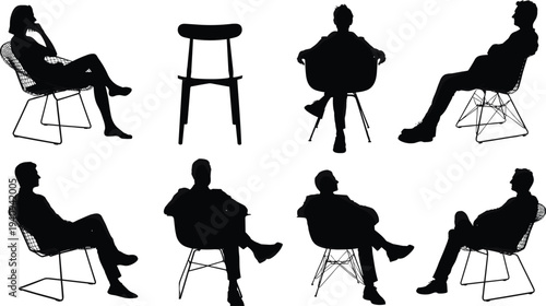 Collection of people sitting on modern chairs silhouette set, male and female seated poses with furniture isolated on white background, minimalist vector illustration pack