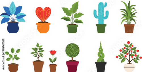 Collection of potted houseplants icons, colorful indoor plants set with cactus, leafy foliage and decorative pots, flat style botanical illustration isolated on white background