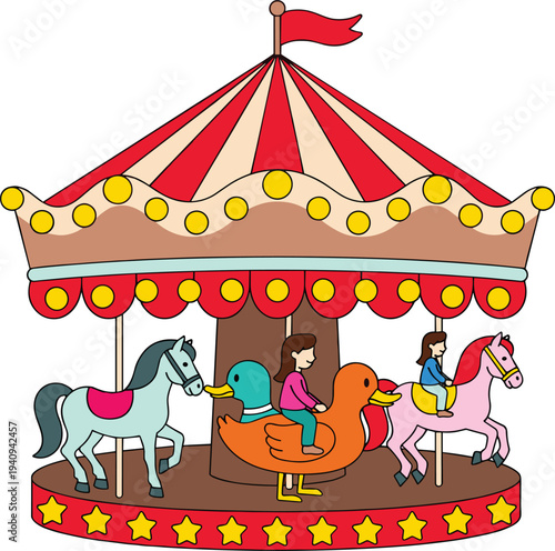 Colorful carnival carousel ride with horses and duck seat, children enjoying amusement park attraction, playful fairground illustration isolated on light background