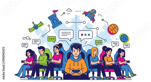 Group of diverse friends enjoying online multiplayer gaming together with chat bubbles around them