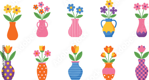 Colorful decorative flower vases collection with blooming spring flowers in patterned pots flat cartoon style floral vector illustration set isolated on light background