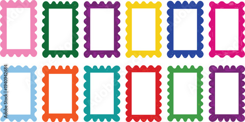 Colorful decorative rectangular frames collection with scalloped edges, vibrant border templates for photo, scrapbook, invitation or greeting card design isolated on light background