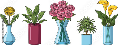 Colorful flower and houseplant collection in decorative vases including roses, dandelion, tropical plant and calla lilies, botanical vector illustration set for home decor design