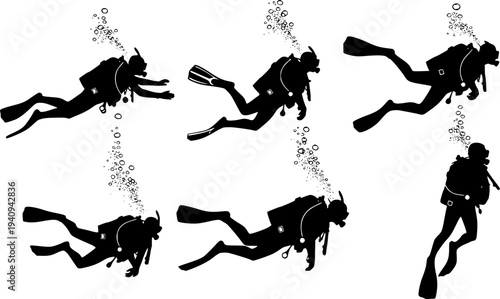 Underwater harmony: silhouettes of scuba divers in motion. Transparent background EPS version.